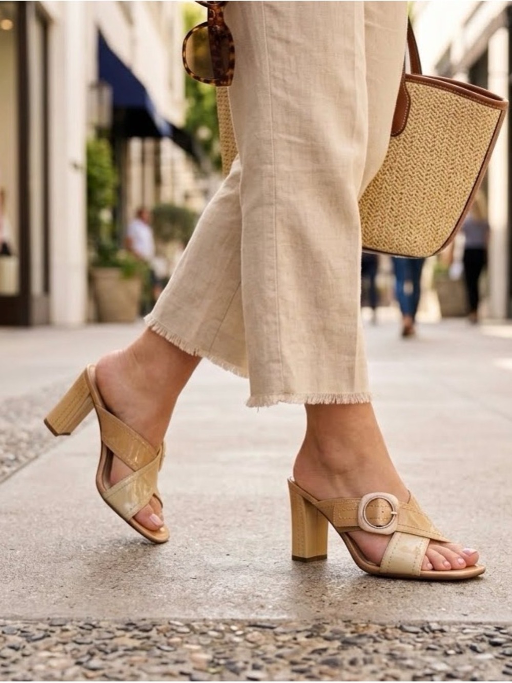 Franco Sarto Two-Tone Tan Block Heel Slide Sandals with Buckle